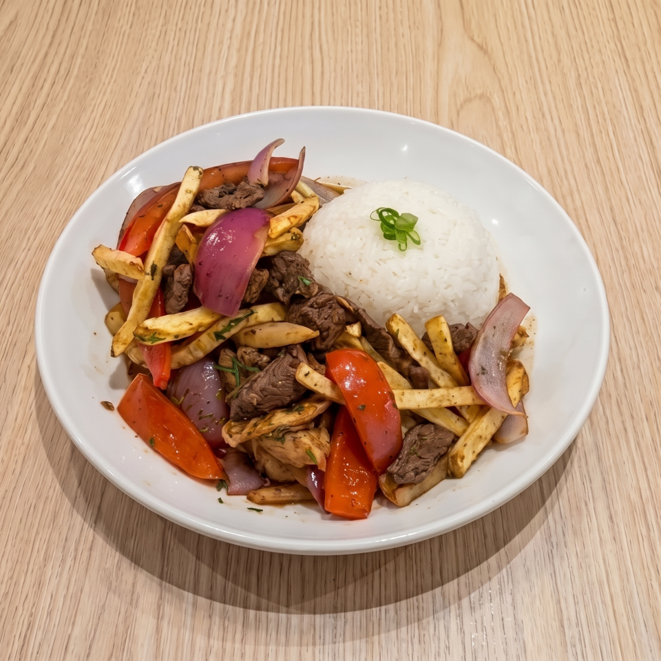Peruvian Lomo Saltado with beef, red onions, bell peppers, fries, and white rice on a wooden table.